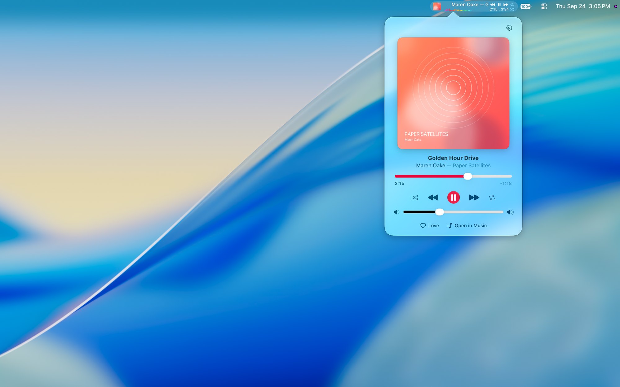BopBar in the Mac menu bar showing album art, the song title and artist, a live spectrum, and playback buttons, with its mini player open below it.