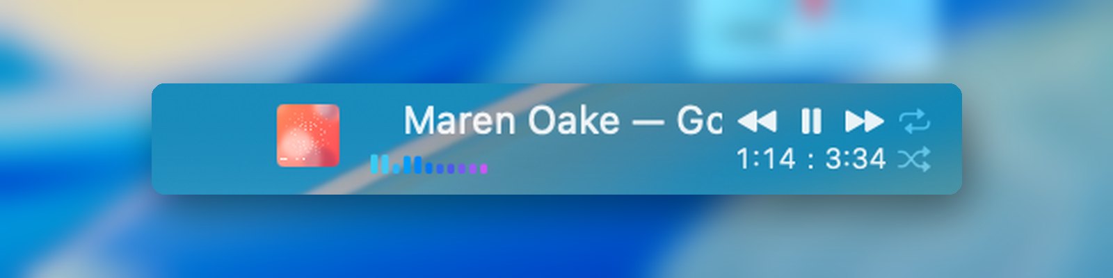 Close-up of BopBar in the menu bar: album art, the title and artist, a progress bar, and previous, play, and next buttons.