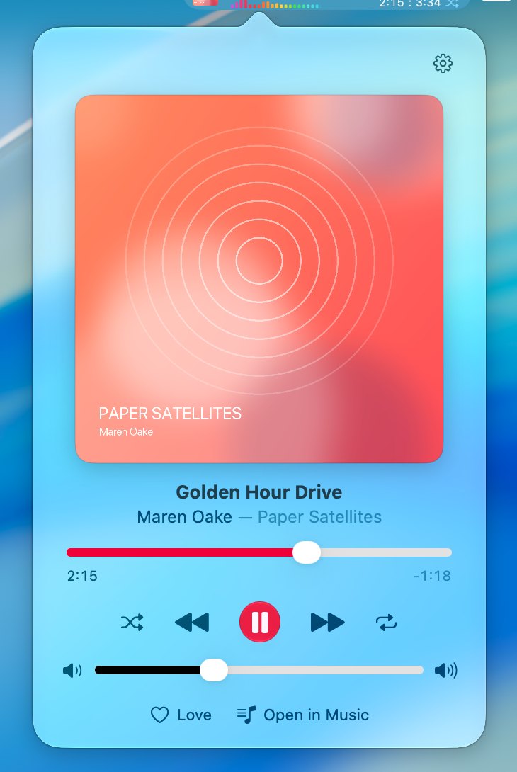 BopBar's mini player with large album art, the song details, a seek bar with elapsed and remaining time, playback buttons, a volume slider, and a Love button.
