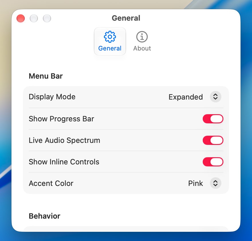 BopBar's settings: display mode, progress bar, live audio spectrum, inline controls, accent color, and launch at login.